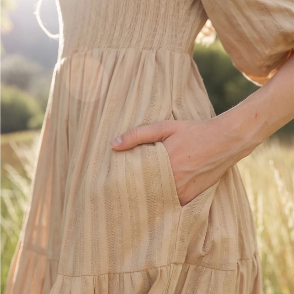 NWT Esme Smocked Modest Midi Dress with Pockets - Tan - Picture 9 of 9